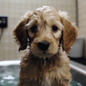 puppy sitting in a bath tub covered in water