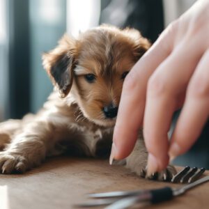 puppy cautiously looking at a nail trimmer