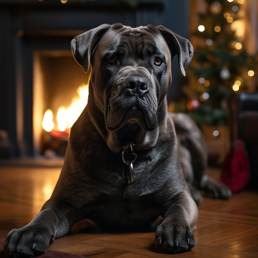 cane corso in front of a fireplace
