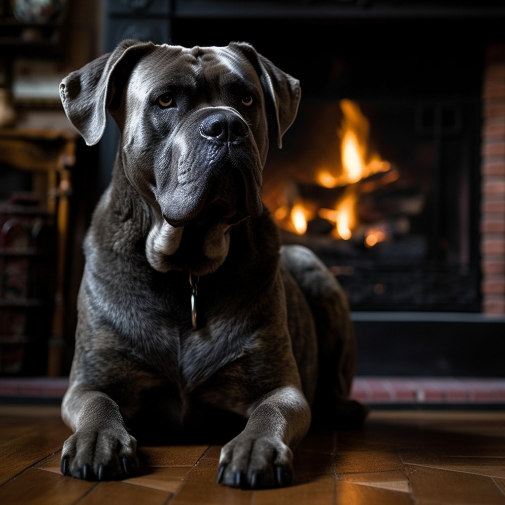 cane corso dog laying down in front of a fireplace
