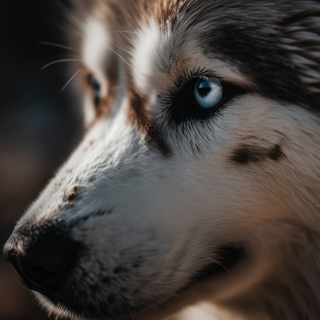 close up husky photo, featuring the face and facial details of the dog