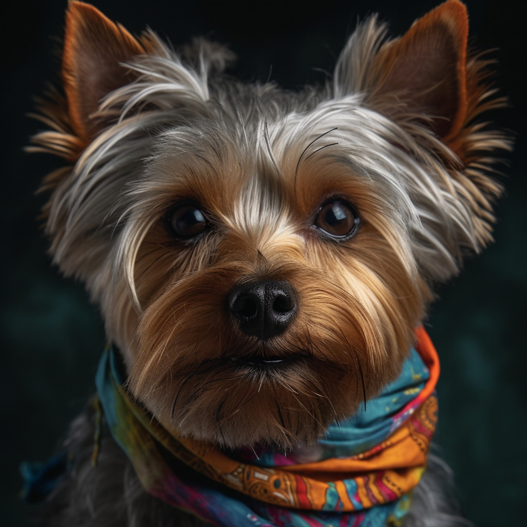 an older yorkie dog posing for an adorable picture with a colorful scarf