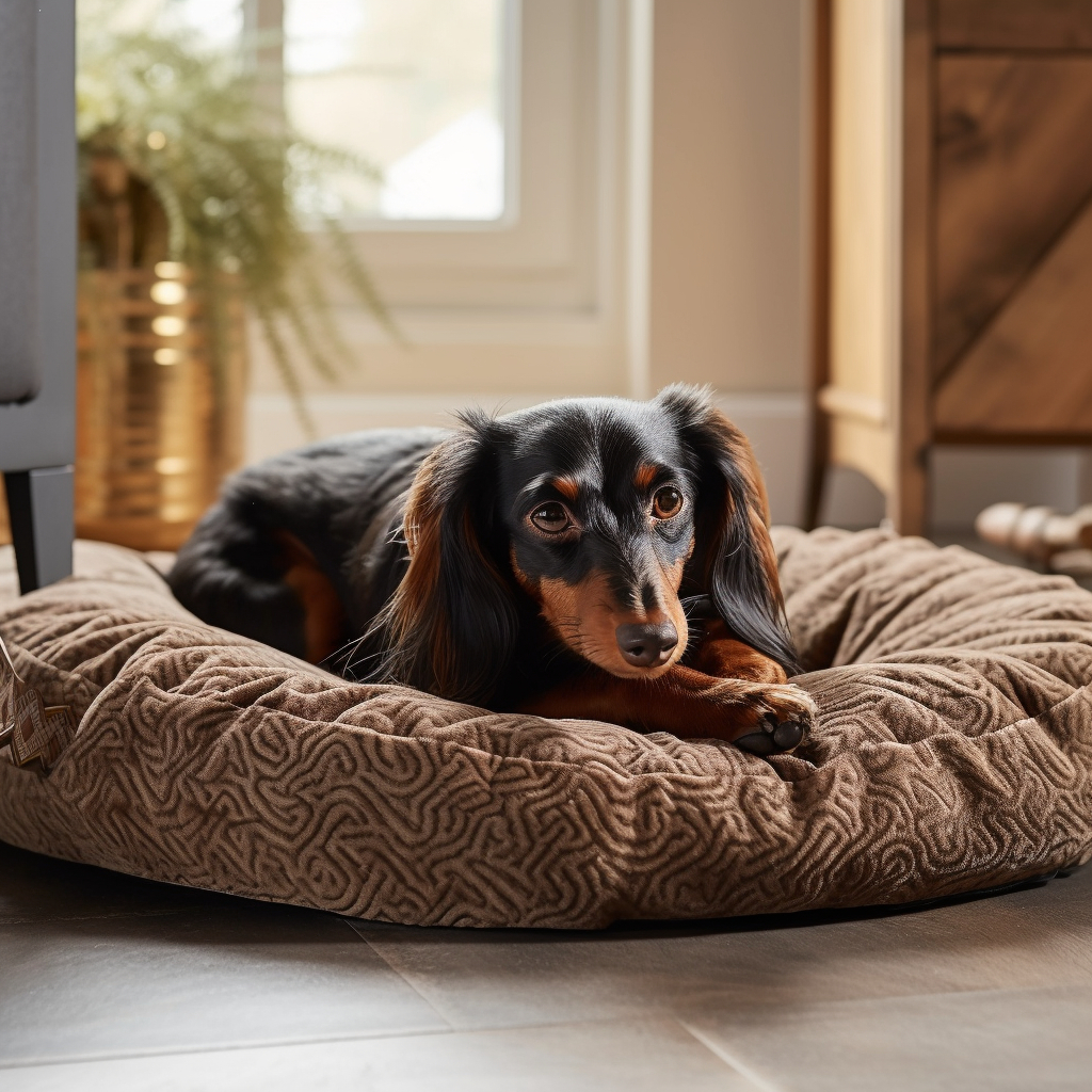 dachshund laying in a dog bed