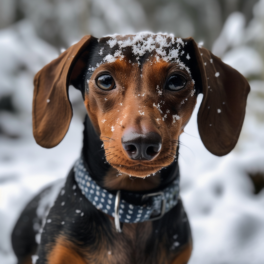 cute dachshund photo in the snow