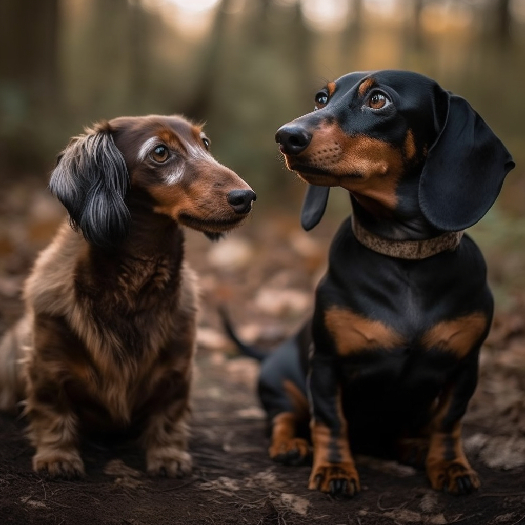 two dachshunds sitting next to each other outdoors