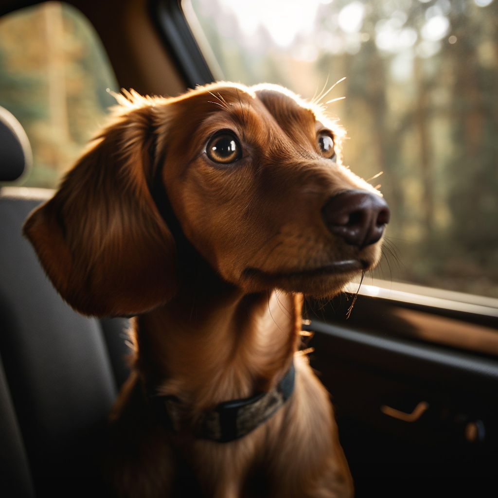cute picture of a dachshund dog looking out the car window on a sunny day