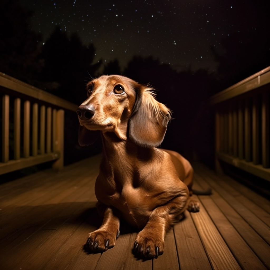 beautiful dachshund illustration laying on the back deck under the night sky