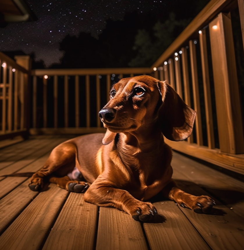 Brown Dachshund laying on the back deck under the night sky