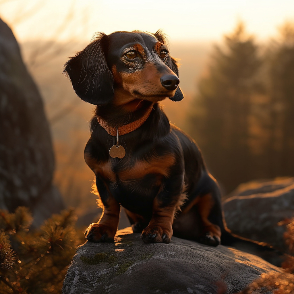 beautiful image of a young dachshund dog sitting on a rock up on a mountain hike