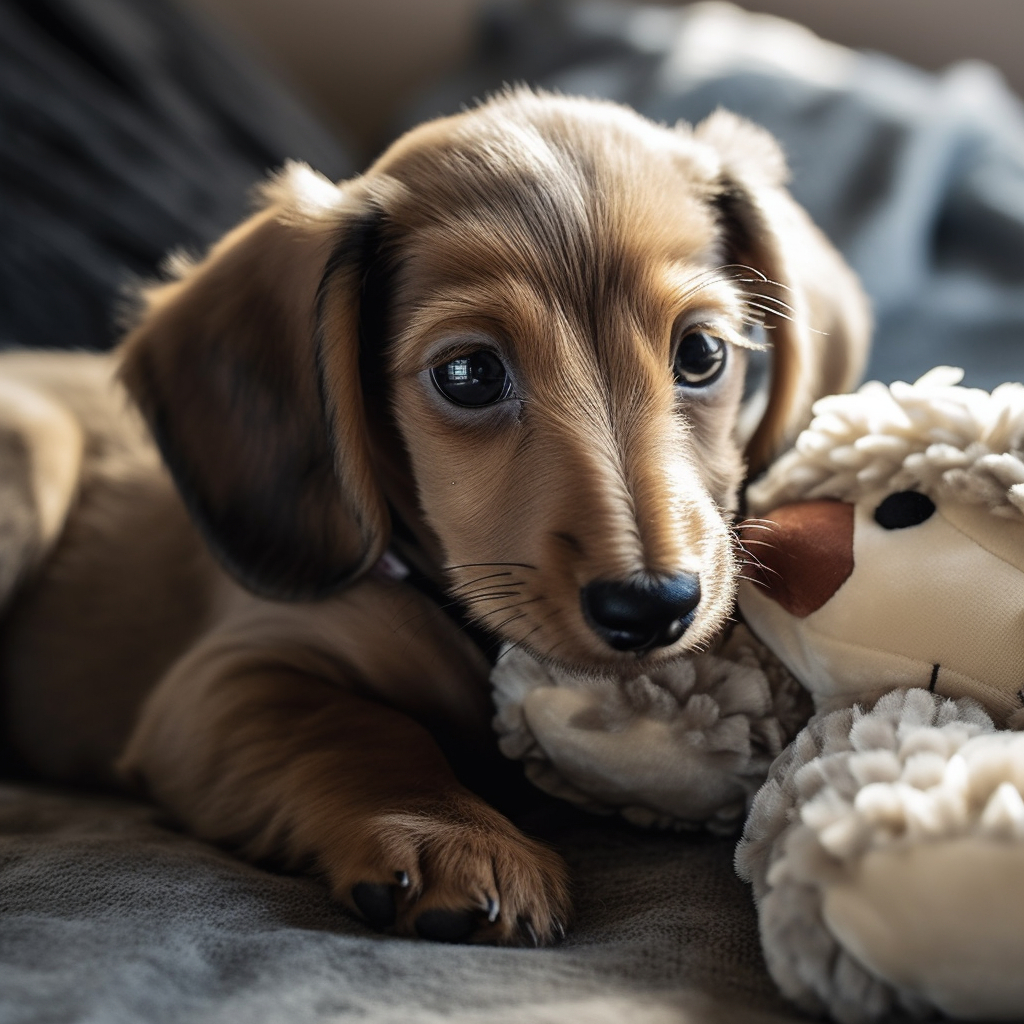 cute dachshund puppy laying on the bed with a stuffed animal