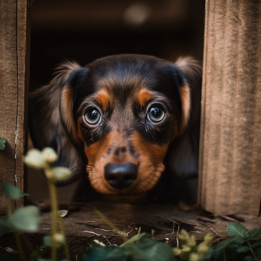 cute image of a dachshund puppy looking through an opening in the fence