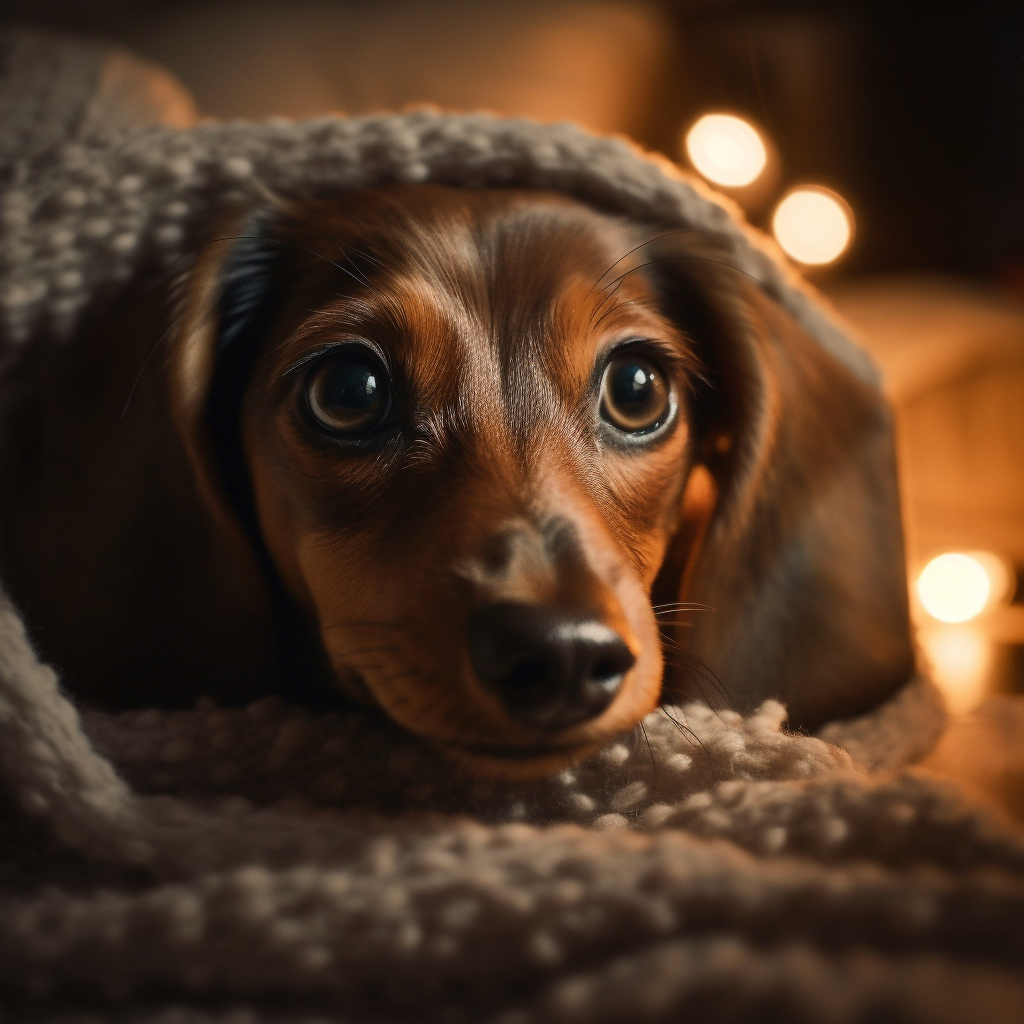 adorable dachshund puppy peeking out from under a blanket