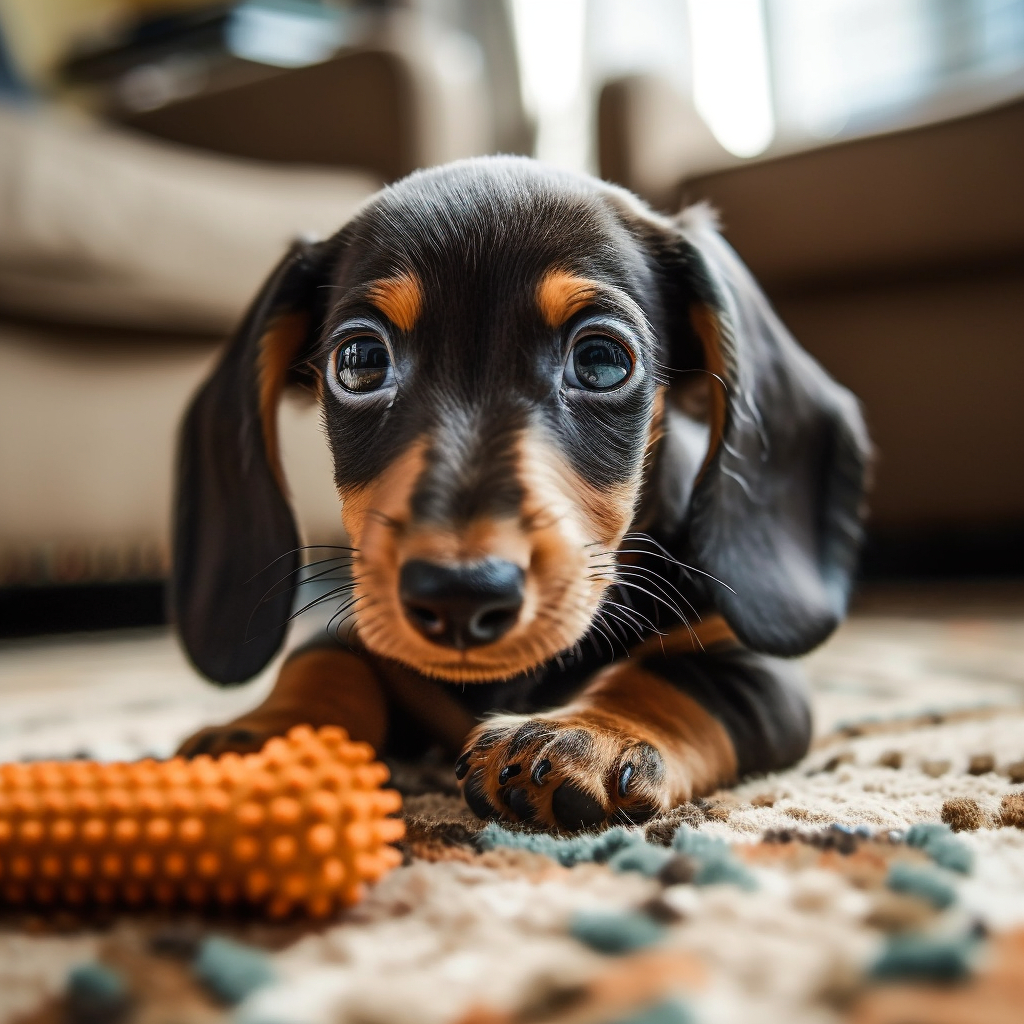 cute dachshund puppy playing with a chew toy