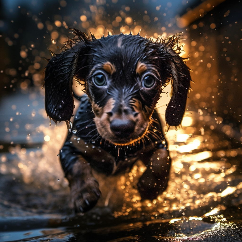 dachshund puppy splashing through a puddle of water
