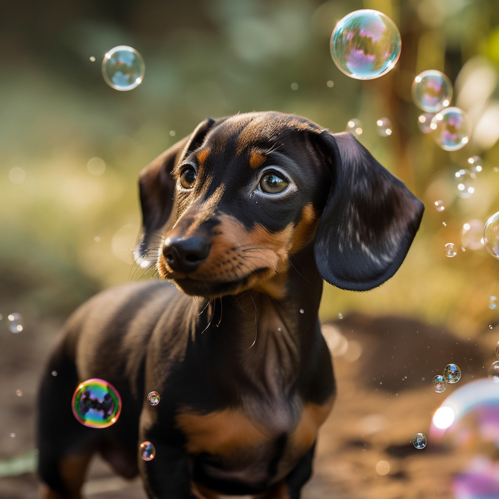 small dachshund pup playing with bubbles outdoors
