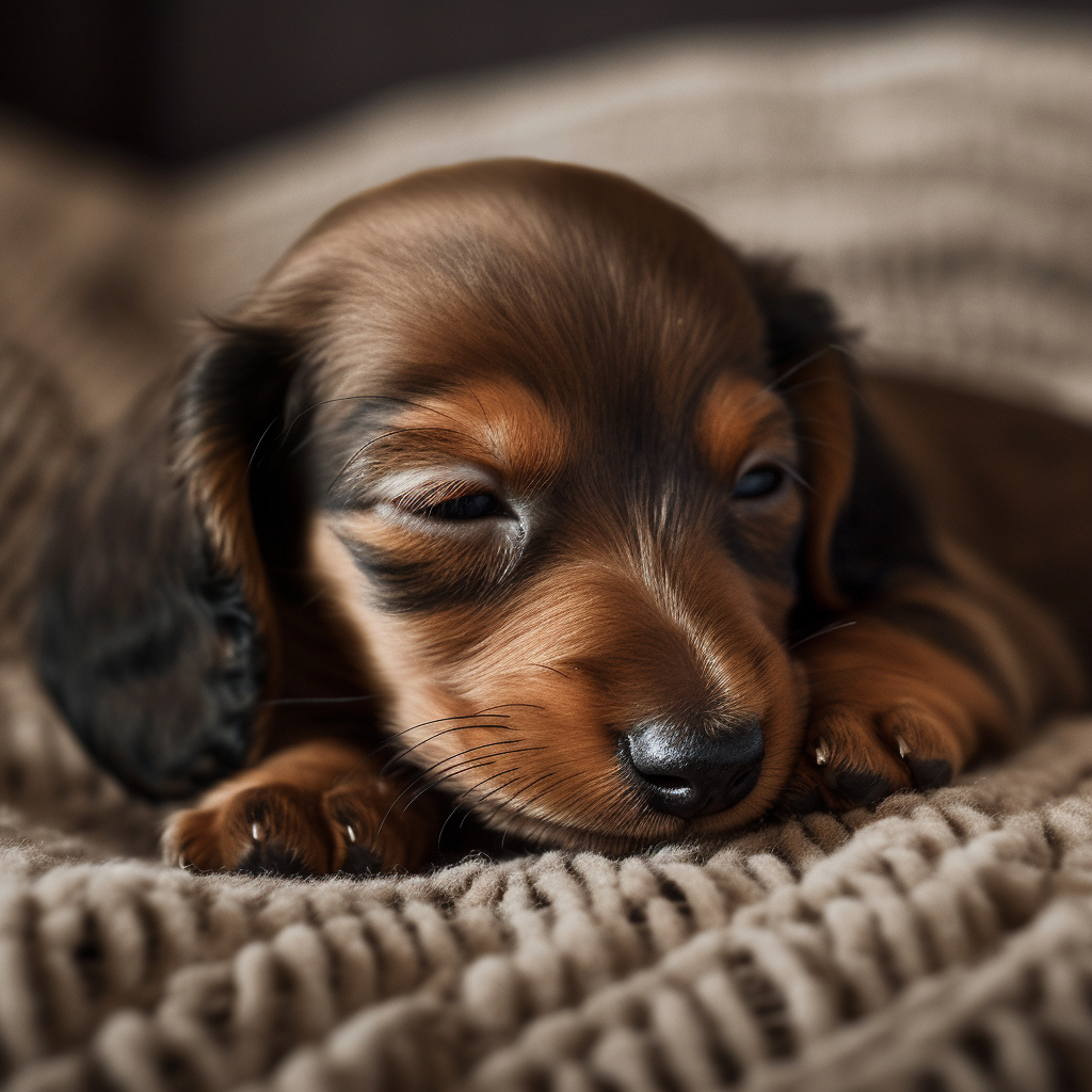 picture of a dachshund puppy sleeping on the bed curled up in a blanket