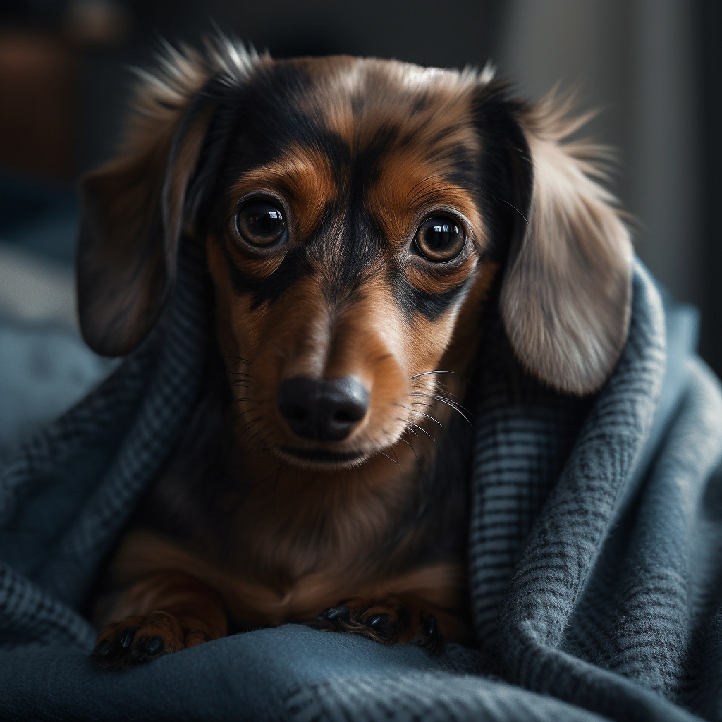 a cute dachshund wrapped up in a blanket