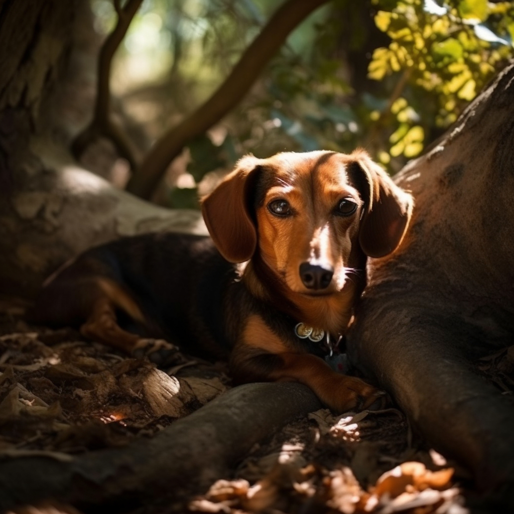 image of a dachshund dog laying down outside by a tree