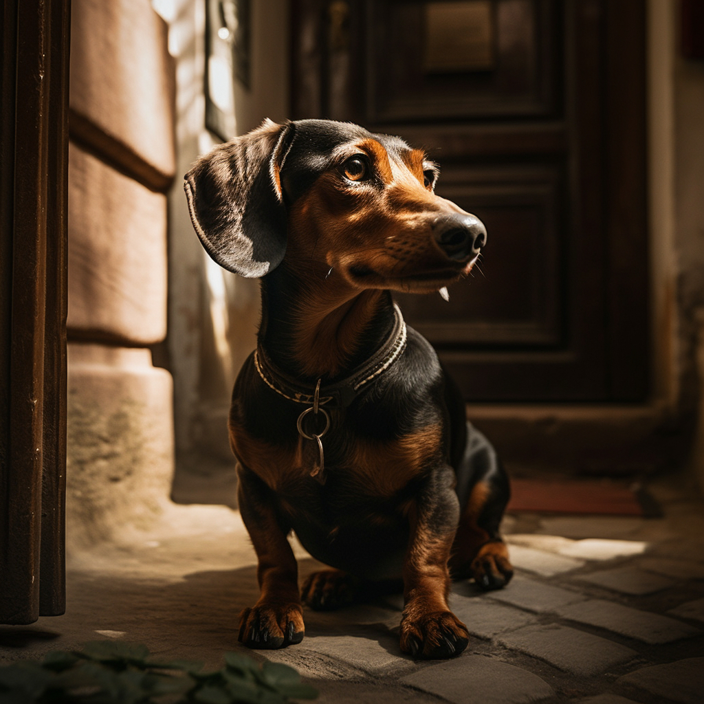 stunning photo of a dachshund dog sitting by the door with light shining on his fur coat