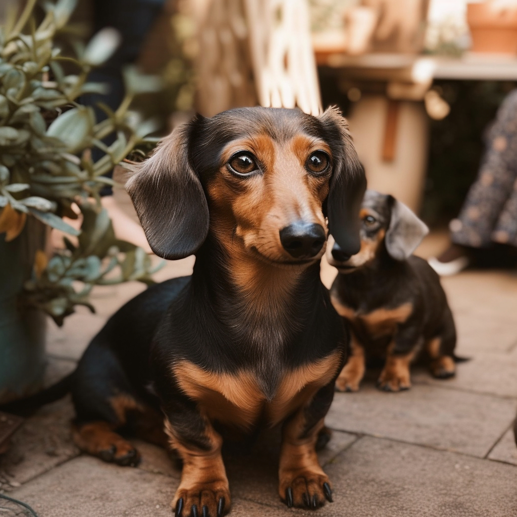 an adult dachshund dog with a dachshund puppy sitting outside