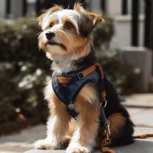 a dog with a harness on