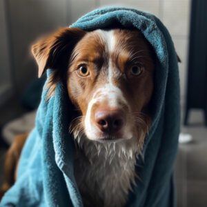 dog happy to be drying off with a towel
