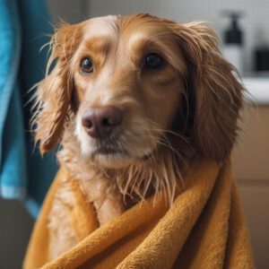 a dog drying off with a towel