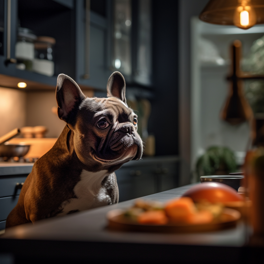 french bulldog in the kitchen overlooking the dinner counter