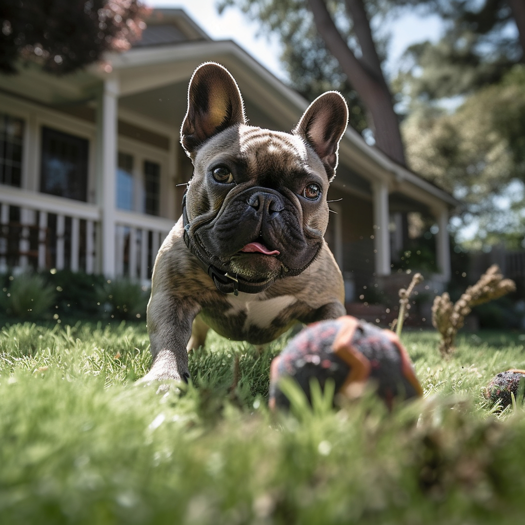 french bulldog in the front yard playing with a ball