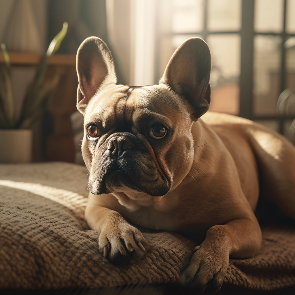 adorable french bulldog laying on the bed posing for a photo