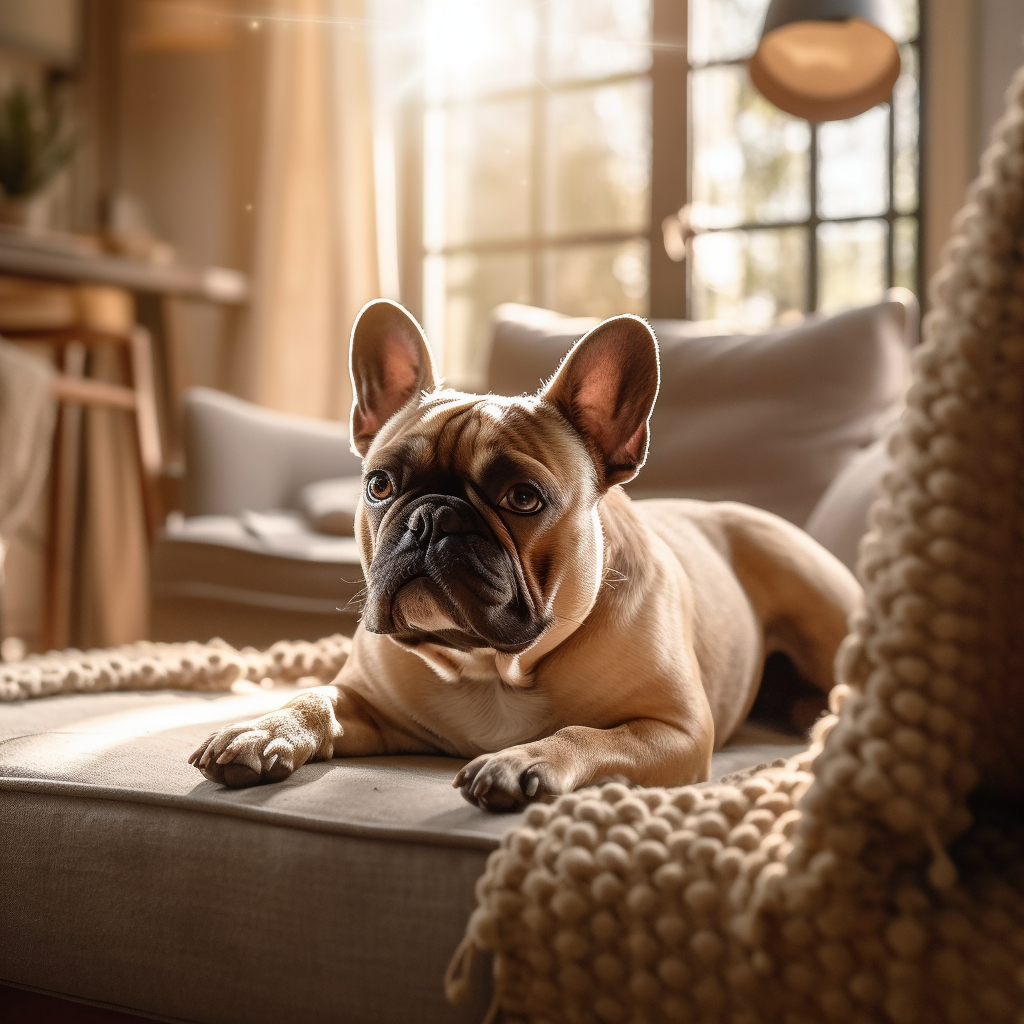 charming french bulldog picture laying down on a couch with a blanket nearby