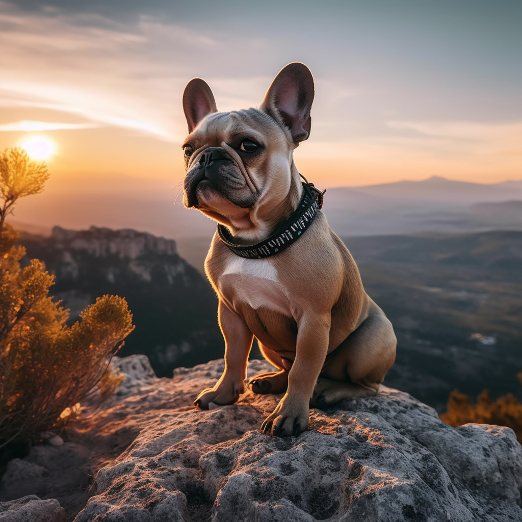 beautiful image of a french bulldog sitting on a rock with scenic mountain background and sun
