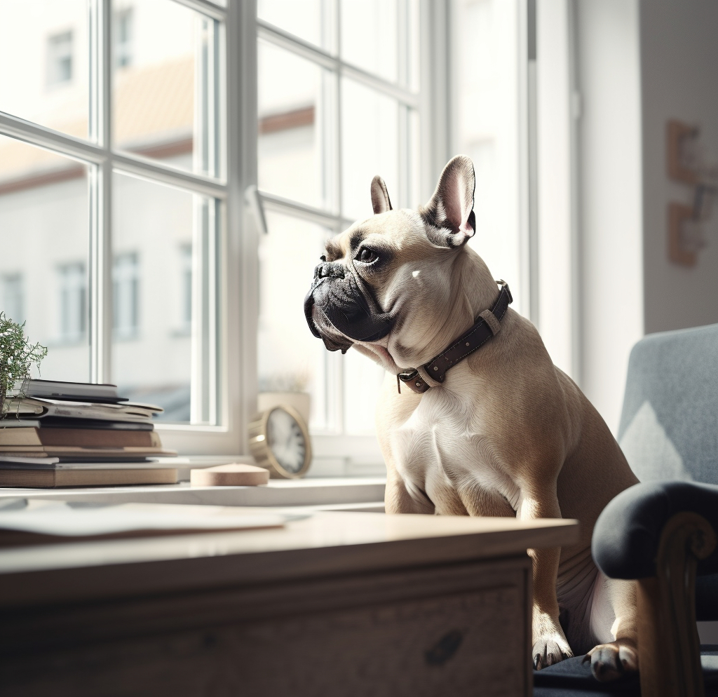 adorable french bulldog looking out the window sitting on a chair in an office room