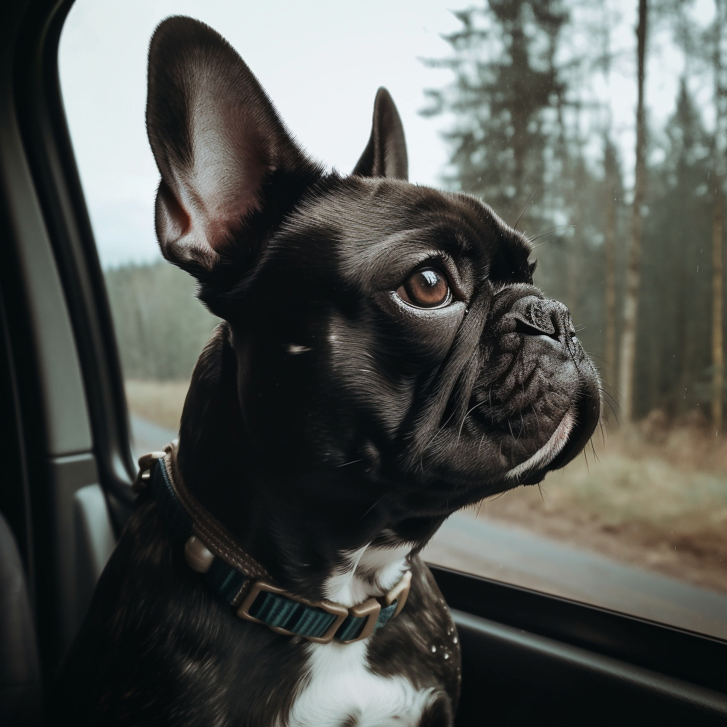 image of a black french bulldog looking out the car window