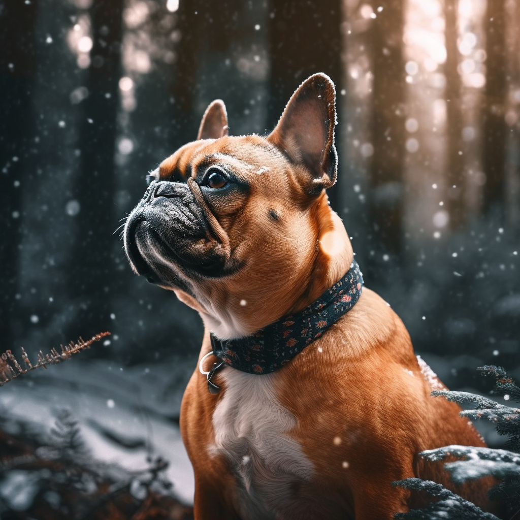 photo of a french bulldog outside in the snow