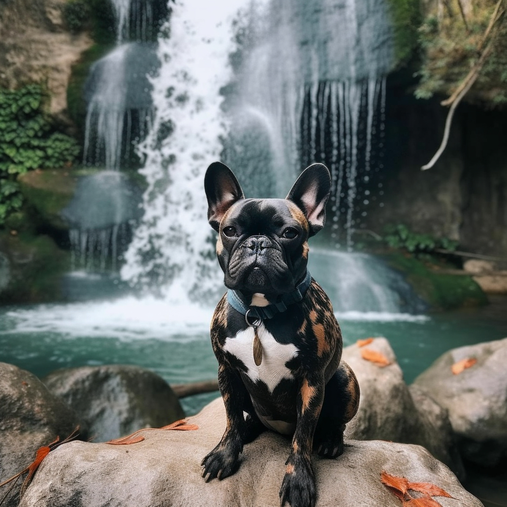 beautiful black spotted french bulldog picture posing near a waterfall for a gorgeous scenic view