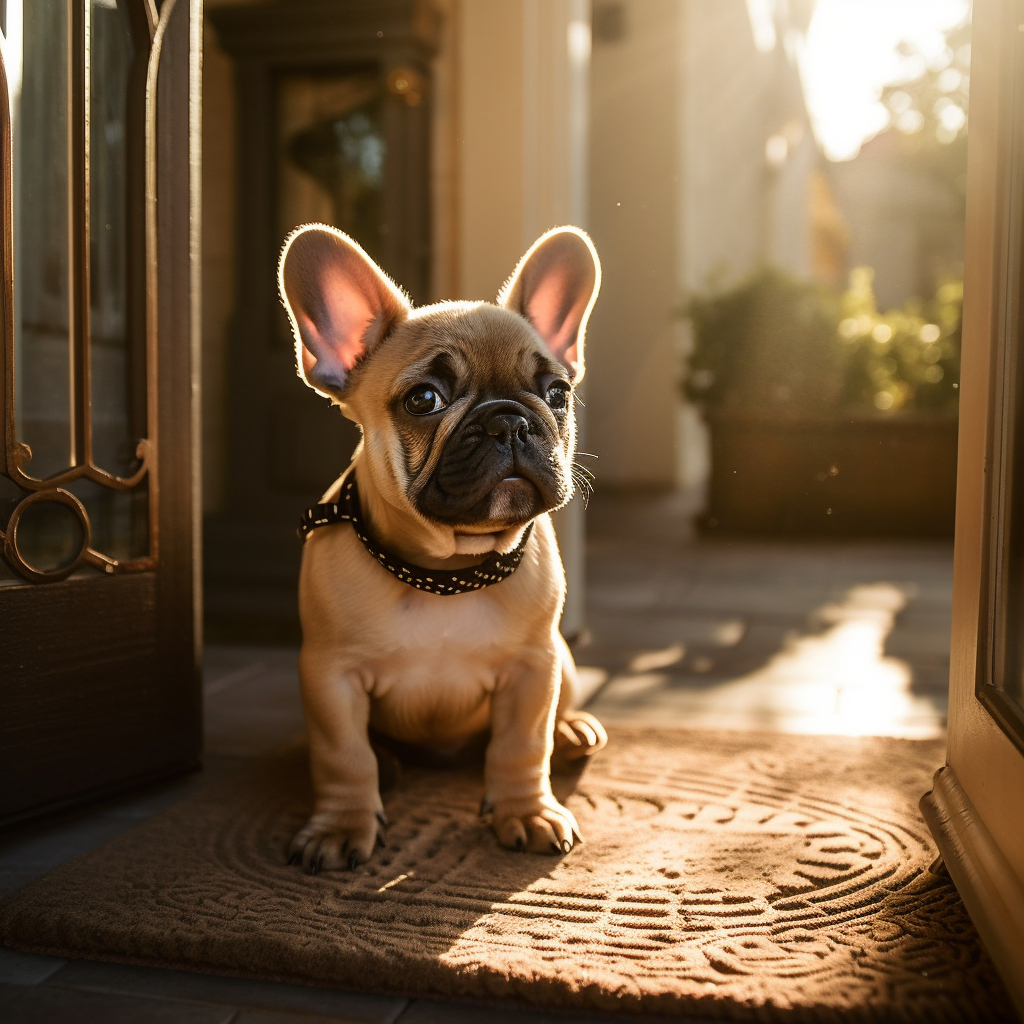 cute picture of a frenchbulldog puppy sitting by the front door with the sun shining through