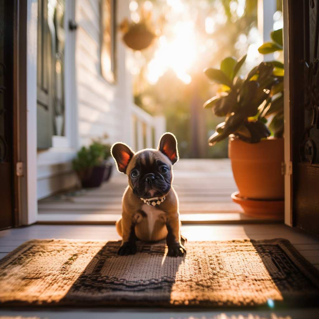 adorable french bulldog pup sitting with the door open looking out a the morning sun