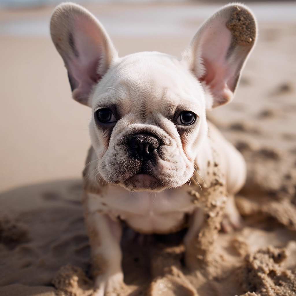 funny white french bulldog playing in the mud on the beach