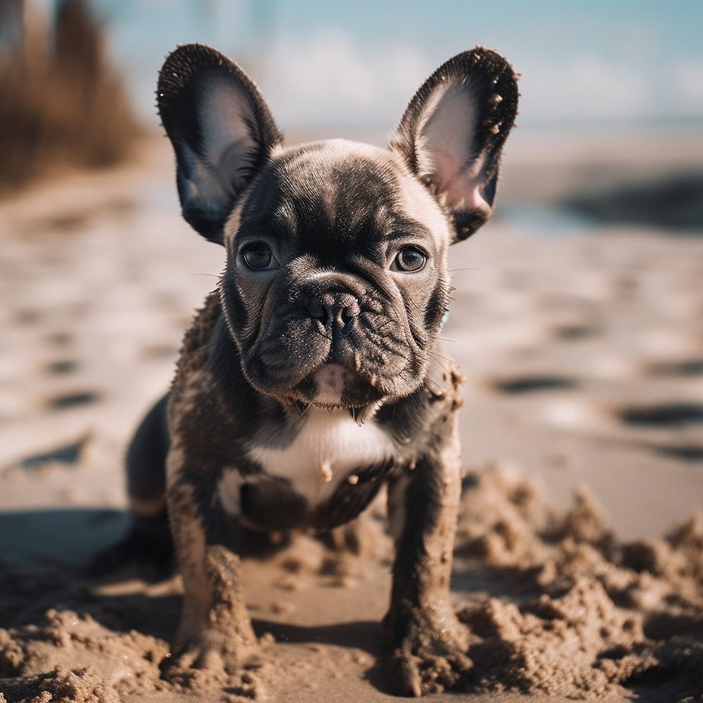 cute french bulldog puppy playing in the mud on the beach with his face covered in sand and mud