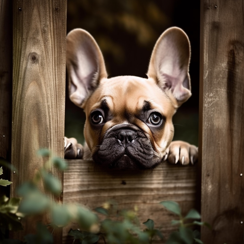 cute french bulldog puppy peeking through an opening in the fence