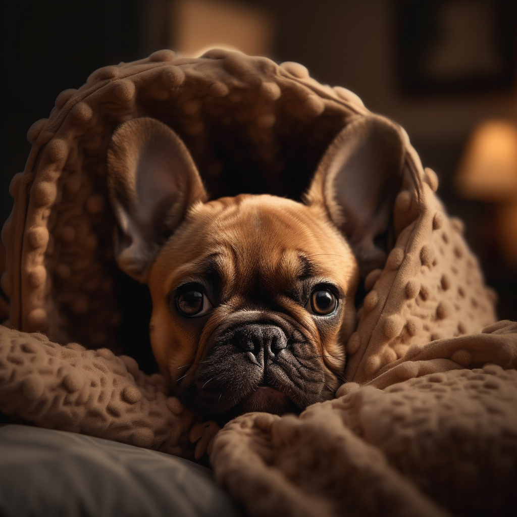 cute french bulldog puppy wrapped up in a blanket on a bed