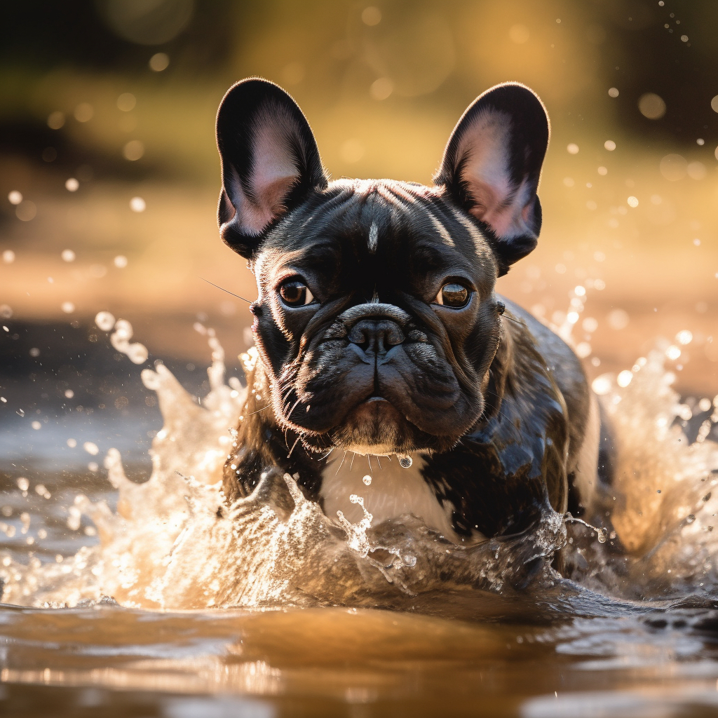black french bulldog splashing through water