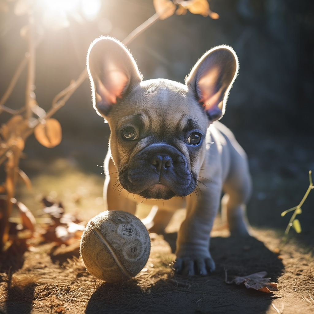 french bulldog puppy playing with a ball outdoors