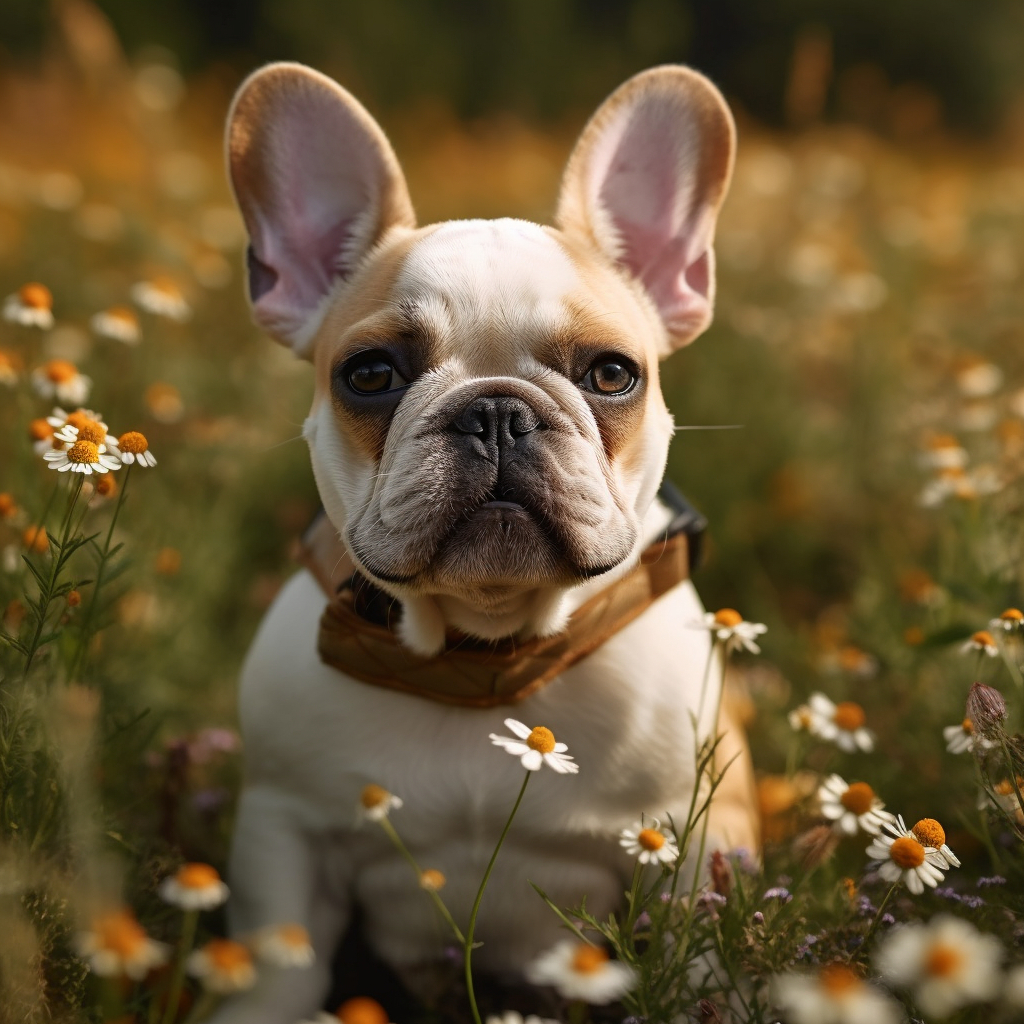 aorable french bulldog puppy sitting in a field of flowers outside