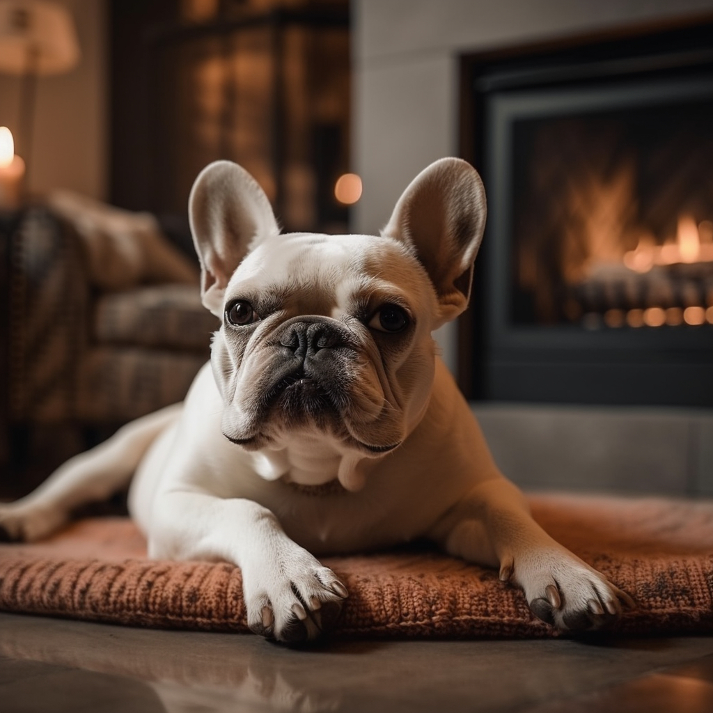 charming frenchie dog laying in front of a fireplace