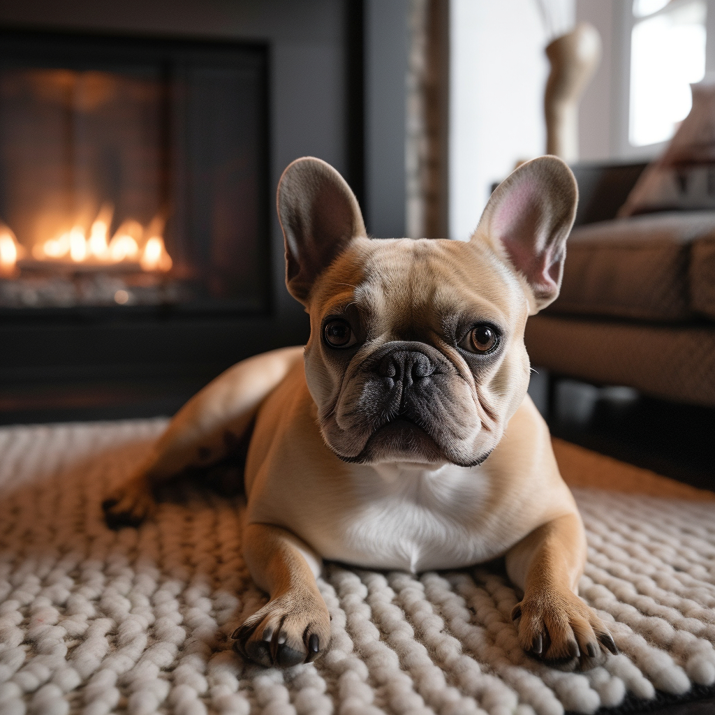 photo of an adult frenchie laying on the rug by a fireplace