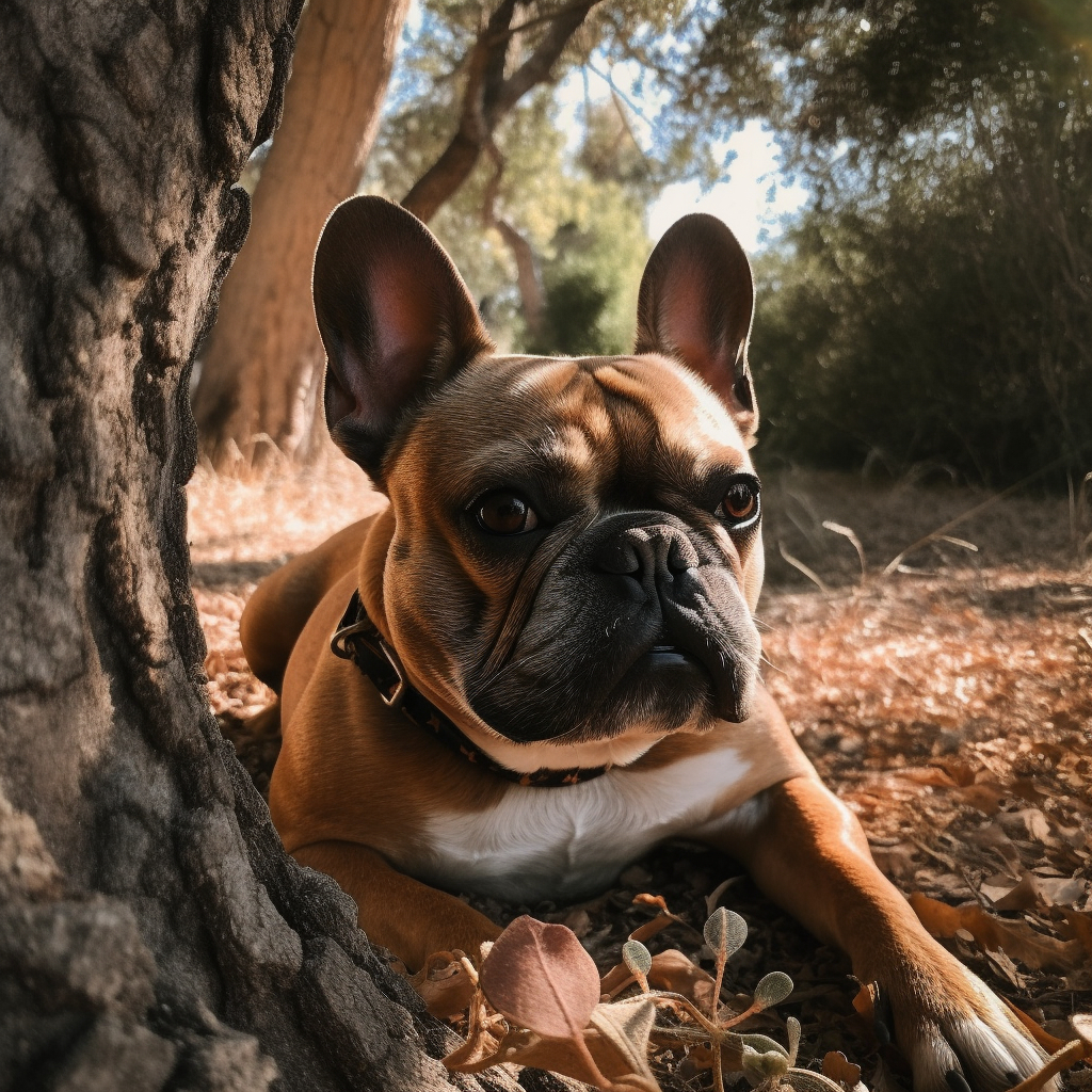 french bulldog image laying down by a tree outside