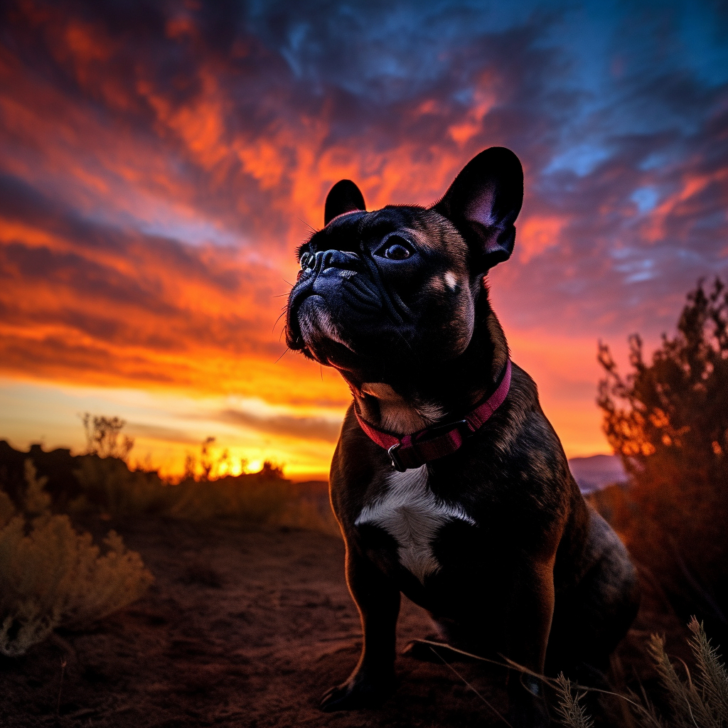 stunning french bulldog image with a scenic sunset background
