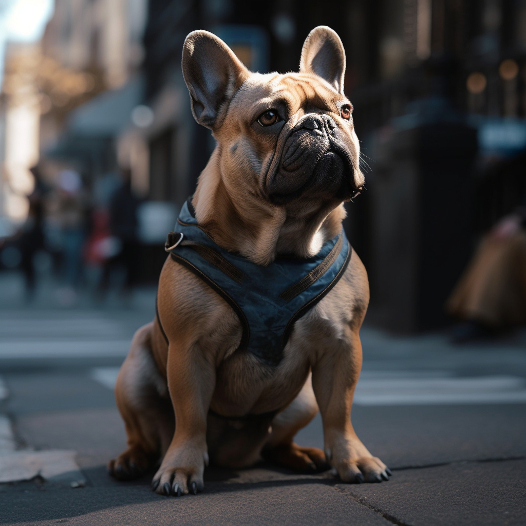 french bulldog sitting on the sidewalk on a busy street with a harness on